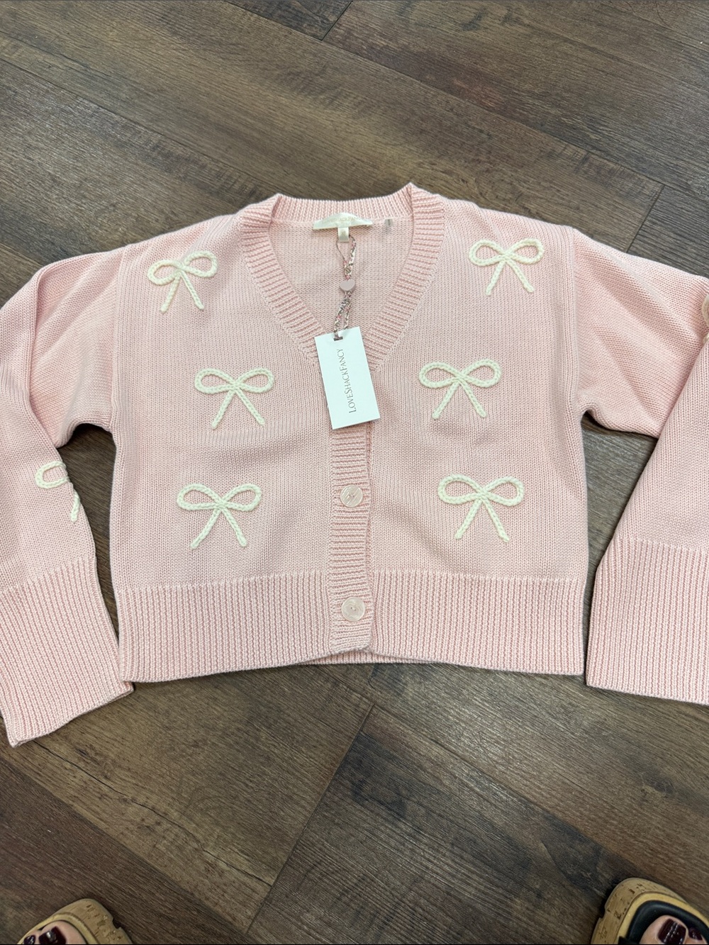 LoveShackFancy Blush Pink Bow-Appliqué V-Neck Cardigan